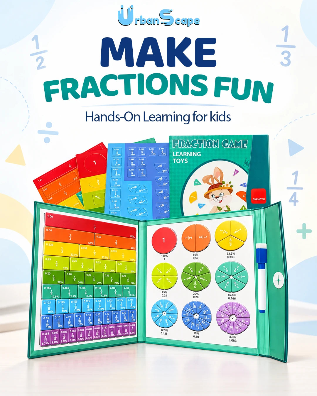 The green magnetic fraction book with colourful bars and circular fraction pieces