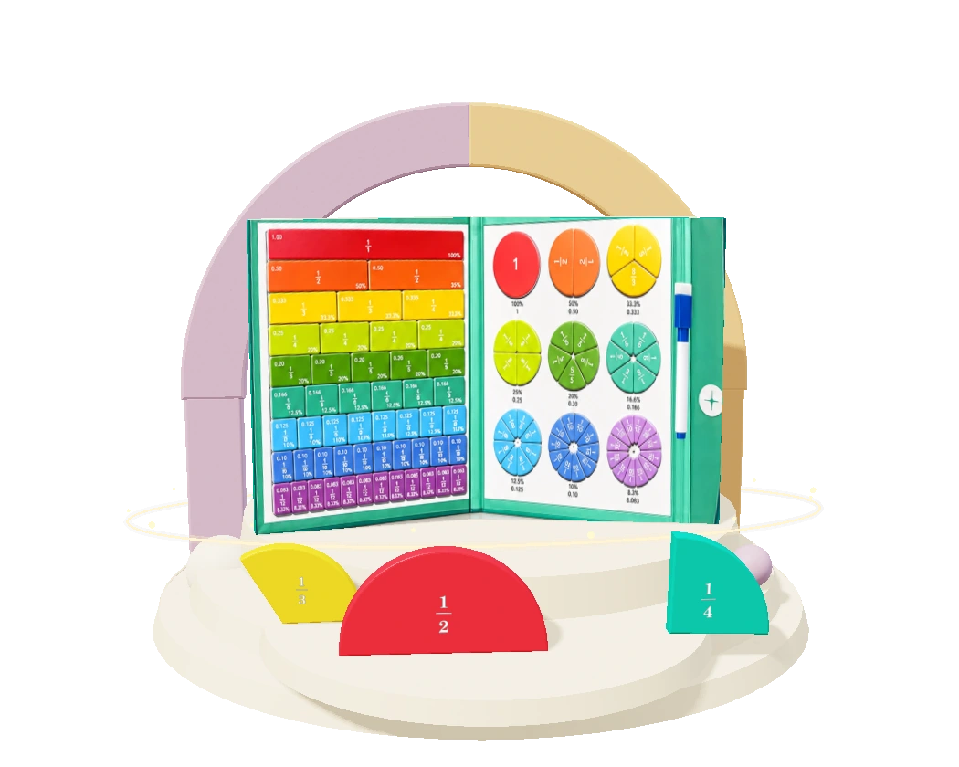 The open green fraction book with colourful magnetic bars and circles