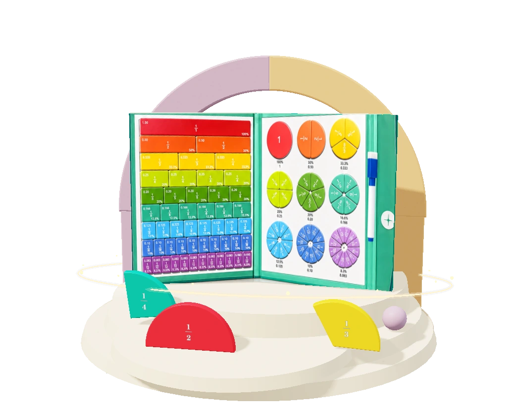 The open green fraction book with colourful magnetic bars and circles