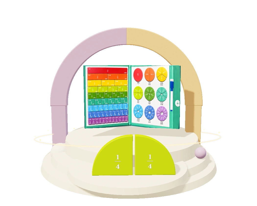 The open green fraction book with colourful magnetic bars and circles