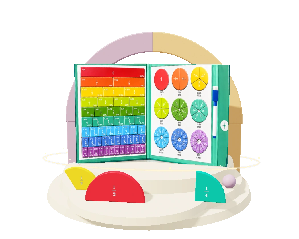 The open green fraction book with colourful magnetic bars and circles
